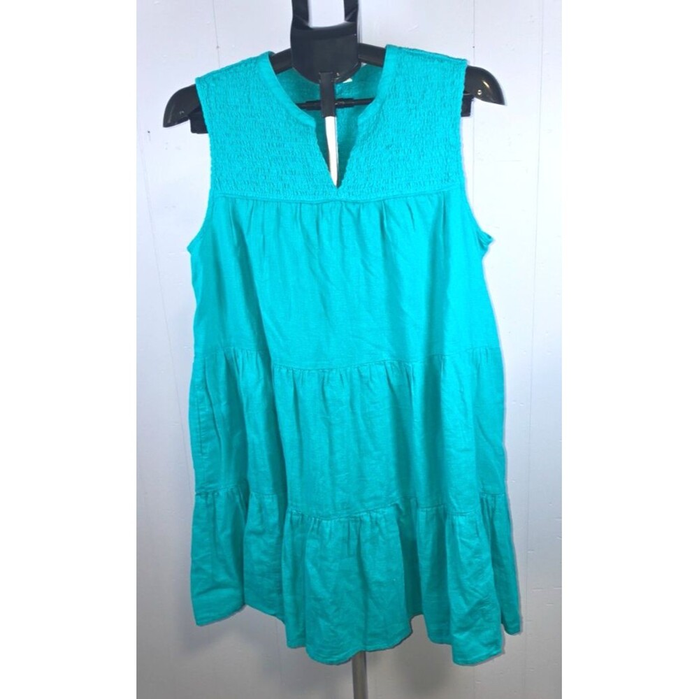 Crown & Ivy Crown Turquoise Peasant Dress Linen Large L New with Tags $79.50